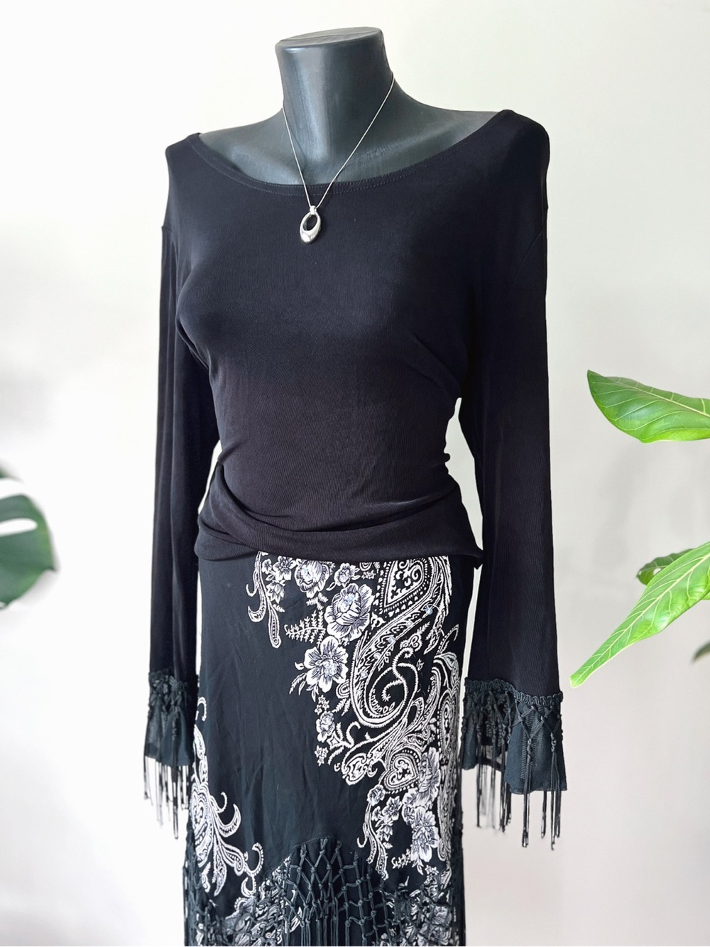 2006 Vintage | Black Fringe Bell Sleeve Top